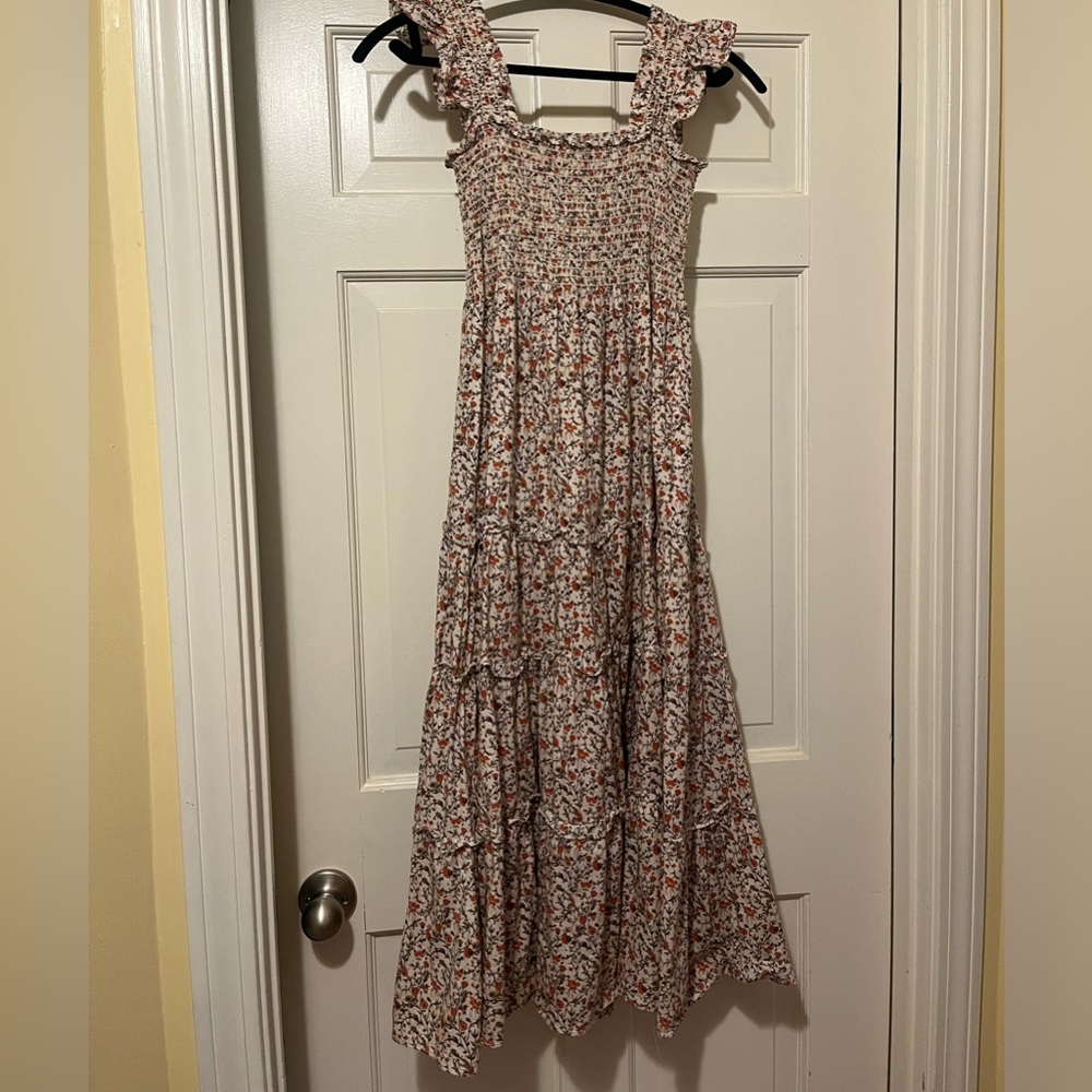 Kourt Calypso tiered smocked midi dress orange floral XS